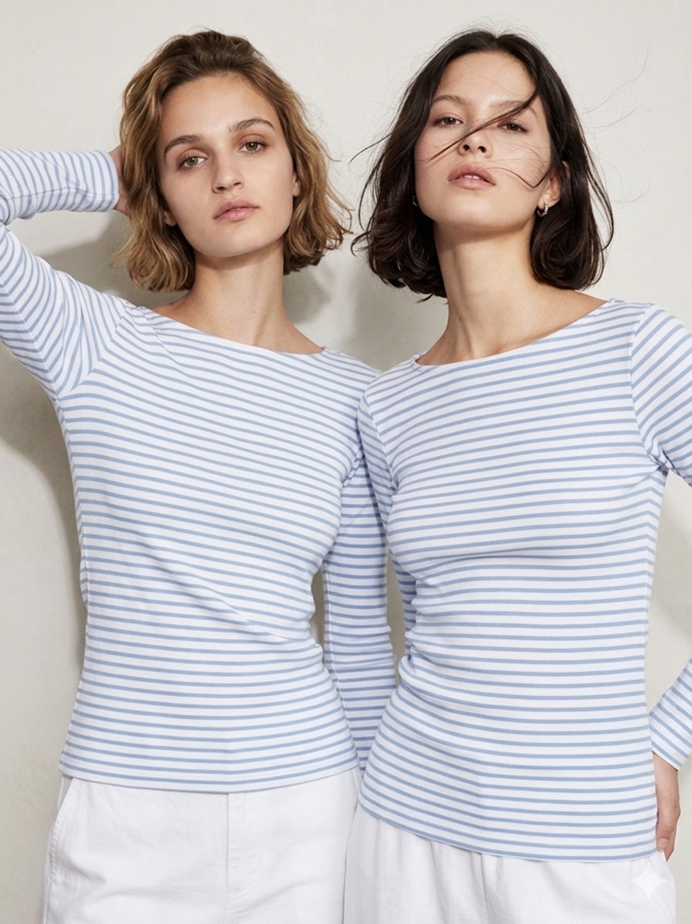 Brandy Melville Light Blue & White Striped Long-Sleeve Boatneck Top